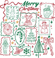 Merry Christmas Hand draw Christmas Stamps Coquette T shirt Design
