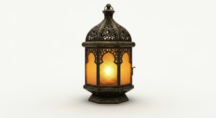 Ramadan lantern with intricate metalwork and warm glowing light against a white backdrop.