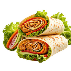 Two delicious wraps filled with meat, lettuce, and colorful vegetables