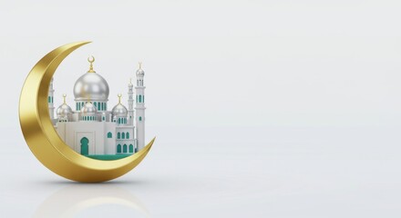 Ramadan kareem crescent moon with mosque. Islamic celebration and muslim community concept.