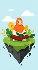 Muslim woman in hijab reading a book, sitting cross legged on a floating island with plants.