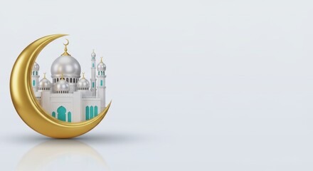 3d rendering of a mosque inside a golden crescent moon against a light background. Islamic design.
