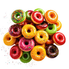 Colorful, glazed donuts piled high, vibrant and sweet treats