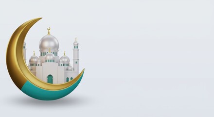 Crescent moon with mosque on white background symbolizing islamic holidays and traditions.