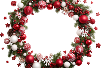 Red and white Christmas wreath with ornaments and greenery