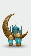 Ramadan kareem design with golden crescent moon, blue mosque and lanterns on white background.