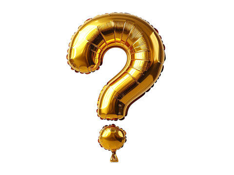 Golden metallic question mark balloon floats upright, reflecting light, ideal for parties, quizzes, celebrations, or creative concepts with a modern touch.
