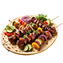 Grilled skewers with meat and veggies on flatbread, garnished well