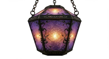 Hanging purple and orange glass lantern with metal frame and chain, emitting a warm glow.