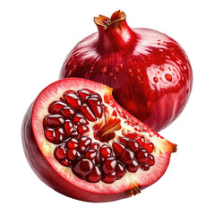 Pomegranate Fresh fruit. Half cut exposing the red juicy seeds