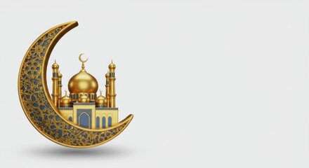 Golden mosque inside crescent moon on white background. Islamic design element for ramadan.