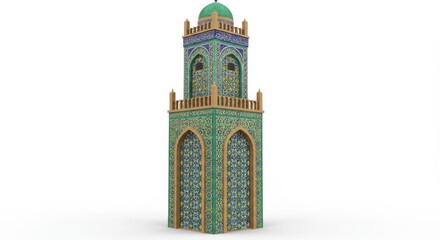 Architectural rendering of a decorated minaret with green dome on a white background.