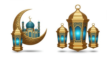 Golden lanterns, crescent moon, and mosque illustration for festive islamic celebrations.