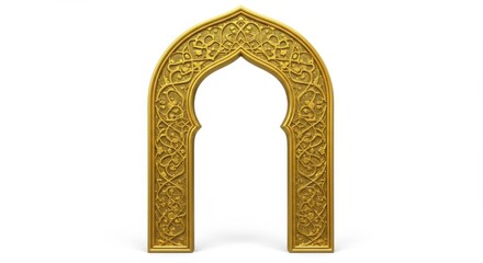 Fototapeta premium Golden ornamental archway with intricate floral carvings, isolated on white. Middle eastern design.