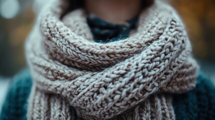 A close-up of a knitted scarf, emphasizing its texture and color.