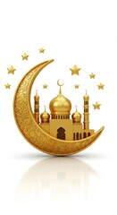 Golden mosque model inside crescent moon with stars, islamic decoration for muslim holidays.