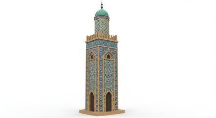 Detailed architectural model of a minaret tower with intricate tilework and a distinctive dome.