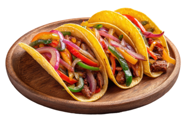Three tacos with beef and colorful peppers and onions on a wooden plate