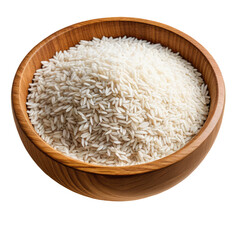 Wooden bowl filled with white rice against a solid black background
