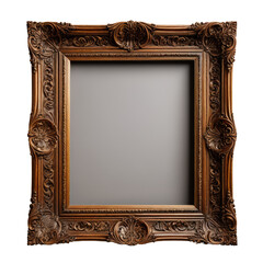 Ornate, carved, dark wood picture frame against black background