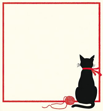 Simple graphic of a black cat with a red ribbon sitting near a ball of yarn inside a red frame