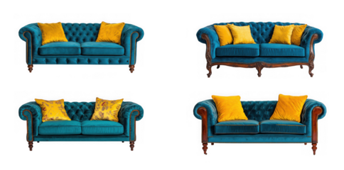 Two teal velvet chesterfield sofas with yellow cushions isolated on transparent background
