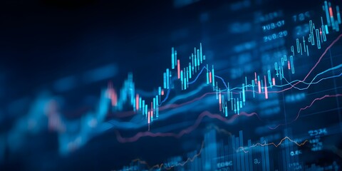 Abstract representation of financial market data with glowing blue and red candlestick charts on a dark background