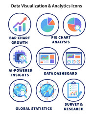 6 flat vector icons representing modern data statistics and visualization for World Statistics Day