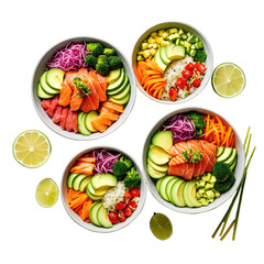 Bowls filled with salmon, tuna, avocado, veggies, rice, carrots, and limes
