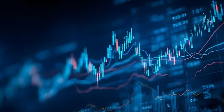 Abstract representation of financial market data with glowing blue and red candlestick charts on a dark background