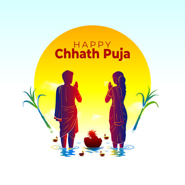 Happy Chhath Puja postcard design. Indian festival worshiop of god Sun.