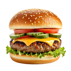 Delicious burger layered with fresh ingredients on a sesame seed bun