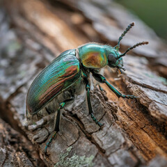 Naklejka premium El joya del bosque: Un escarabajo iridiscente en un close-up sobre la corteza rústica