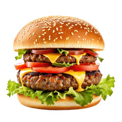 Double cheeseburger stacked patties, tomatoes, lettuce, sesame seed bun