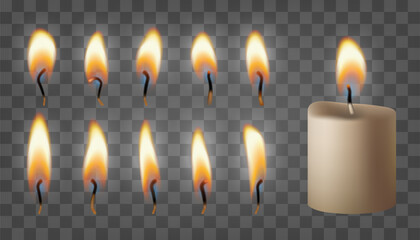 Fire vector light effect, isolated on dark transparent bg. 3d white christmas realistic candle. Glowing flames, set of lit wick. Burning wax memory candlestick. Small romantic church, gold spa sparkle