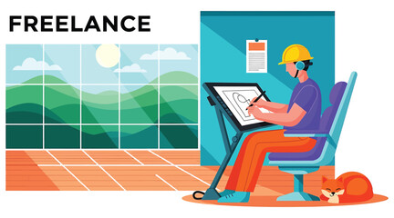 Vector art of a freelance artist is working on a digital drawing with his cat sleeping nearby, enjoying the creative process and the flexibility of remote work