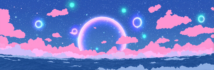 A vibrant celestial scene filled with colorful, glowing clouds and distant rings, creating a tranquil and dreamy atmosphere.