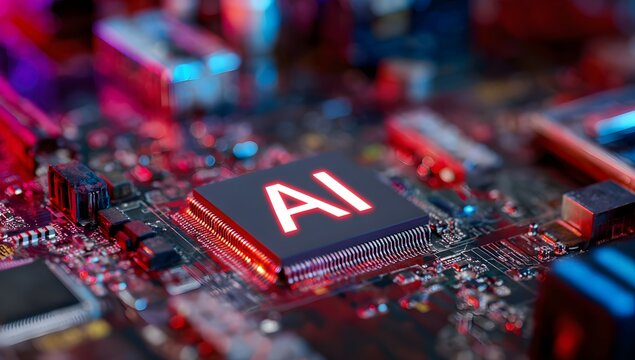 Close up view of a glowing artificial intelligence chip on a complex electronic circuit board with vibrant neon lights - Powered by Adobe