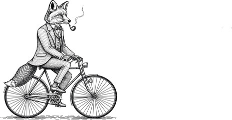 Vintage Engraved Fox Gentleman Riding Bicycle with Smoking Pipe Vector Illustration