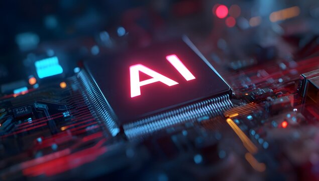 Illuminated artificial intelligence chip glowing with radiant light amidst complex electronic circuitry and futuristic technology