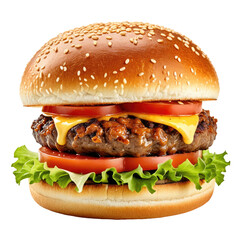 Juicy burger with tomatoes, cheese, lettuce, sesame seed bun