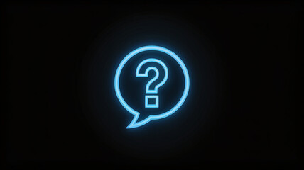 A glowing blue neon question mark inside a speech bubble icon, symbolizing confusion, inquiry, or a problem on a dark background