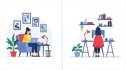 Vector art of two scenes of women working from home, one in a cozy armchair with framed photos and the other at a desk with a computer