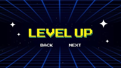 Retro Pixel Level Up Animation with Neon Grid Background - Powered by Adobe