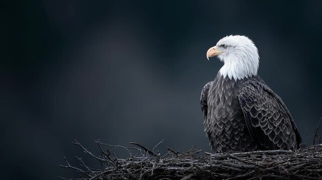 Bald Eagle Perched in Nest Gazing Steadfastly into the Distance