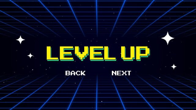 Retro Pixel Level Up Animation with Neon Grid Background