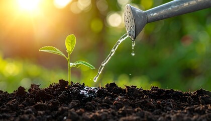Small plant being watered by a metal watering can, sunlight shining