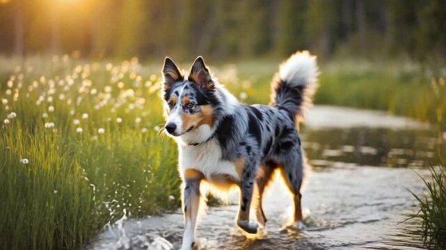 Blue merle australian shepherd dog wading through shallow water in a grassy field at sunset dog video