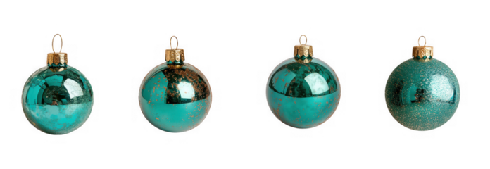 Four teal christmas baubles with glitter accents, isolated on transparent background
