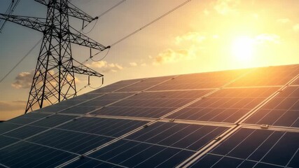 Solar Panels and Electricity Pylon Against A Bright Sunset Sky Renewable Energy and Clean Technology Concept - Powered by Adobe